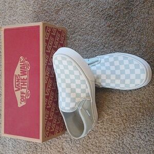 Baby blue checkerboard vans
